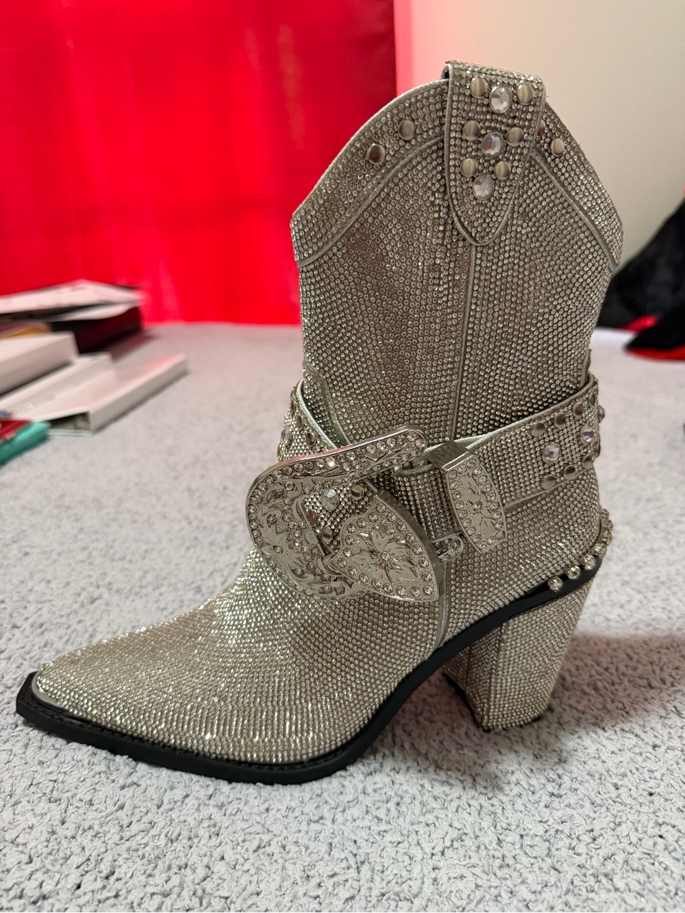 Crystal-Embellished Silver Western Block Heel Boot